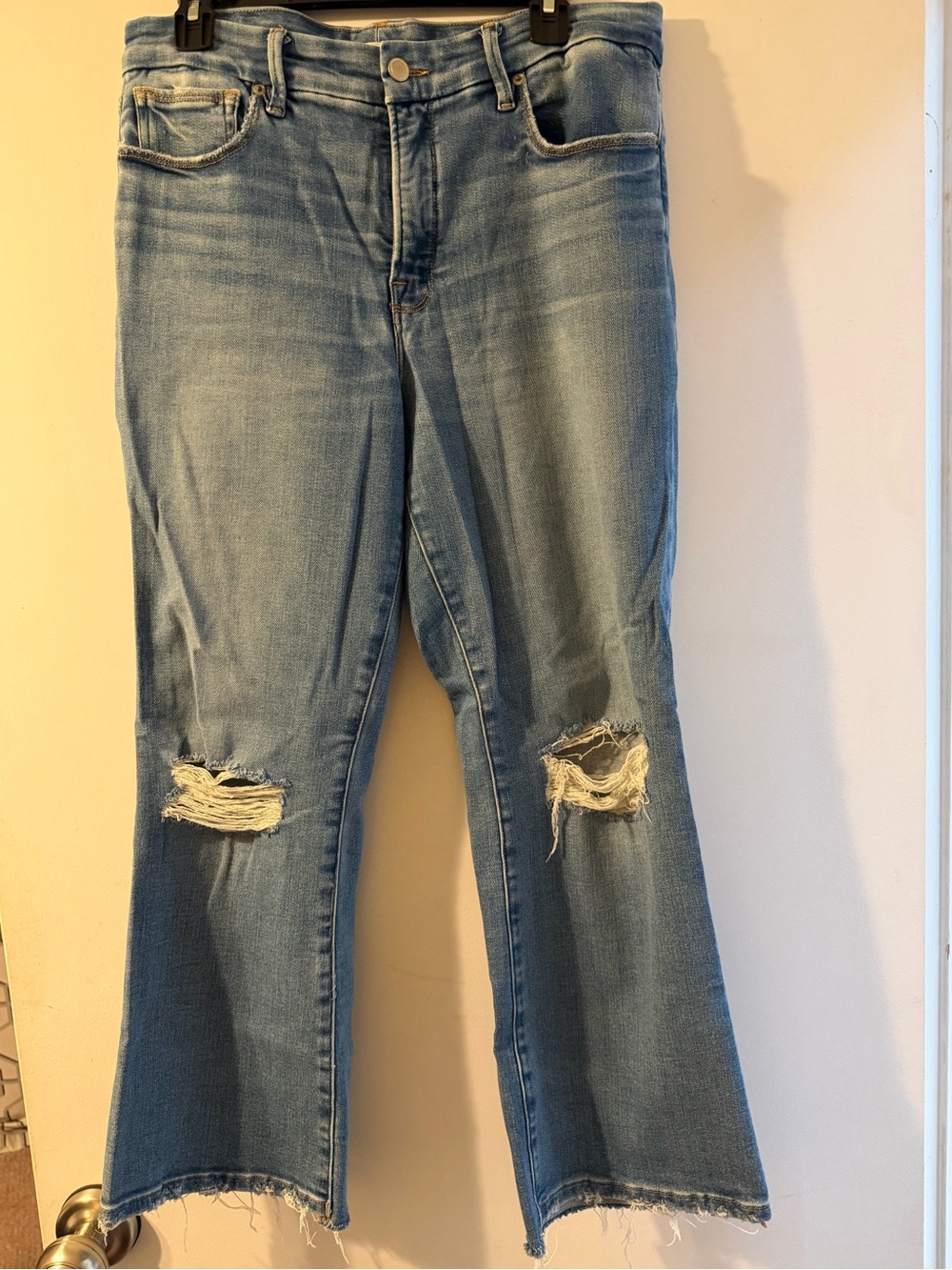 Good American Light Wash Distressed Flare Jeans